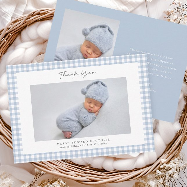 Blue Gingham Pattern Boys Photo Thank You Card (Blue Gingham Check Baby Boys Photo Thank You Note Cards.)