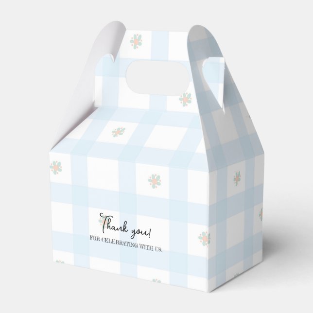 Blue Gingham Pattern Floral Cartoon Party Supplies Favour Box (Back Side)