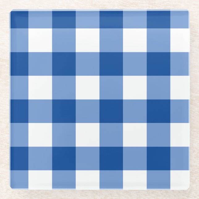 Blue gingham pattern glass coaster (Front)