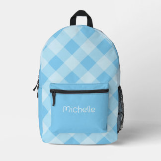 Blue Gingham Pattern Personalised Name Printed Backpack