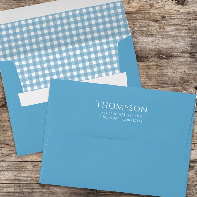 Blue Gingham Pattern Return Address Custom Envelope (Creator Uploaded)