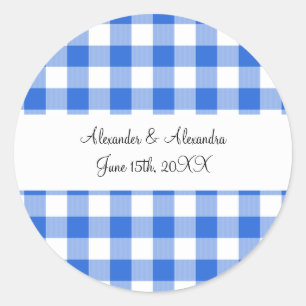 Blue gingham pattern wedding favours classic round sticker