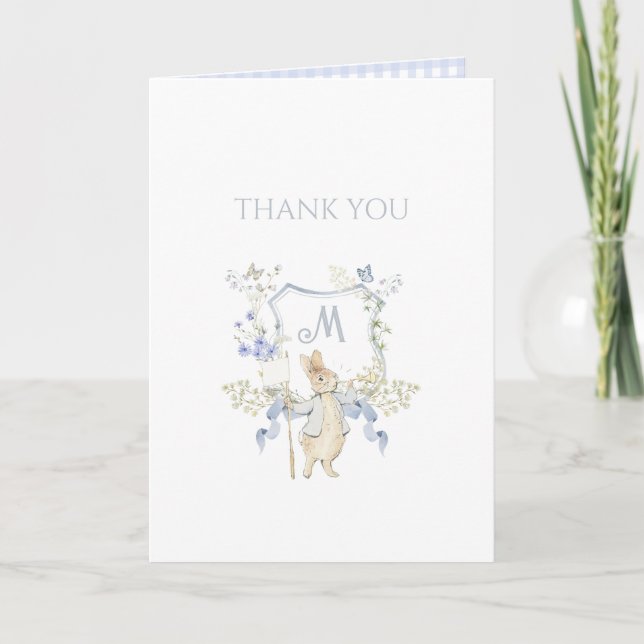 Blue Gingham Peter the Rabbit Baby Showe Thank You Card (Front)