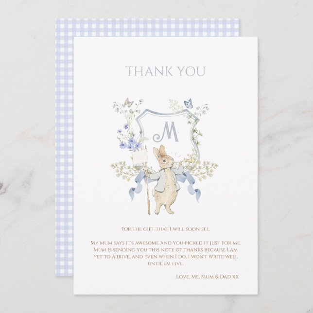 Blue Gingham Peter the Rabbit Baby Shower MUTED BL Thank You Card (Front/Back)