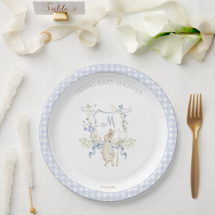 Blue Gingham Peter the Rabbit Monogram Baby Shower Paper Plate