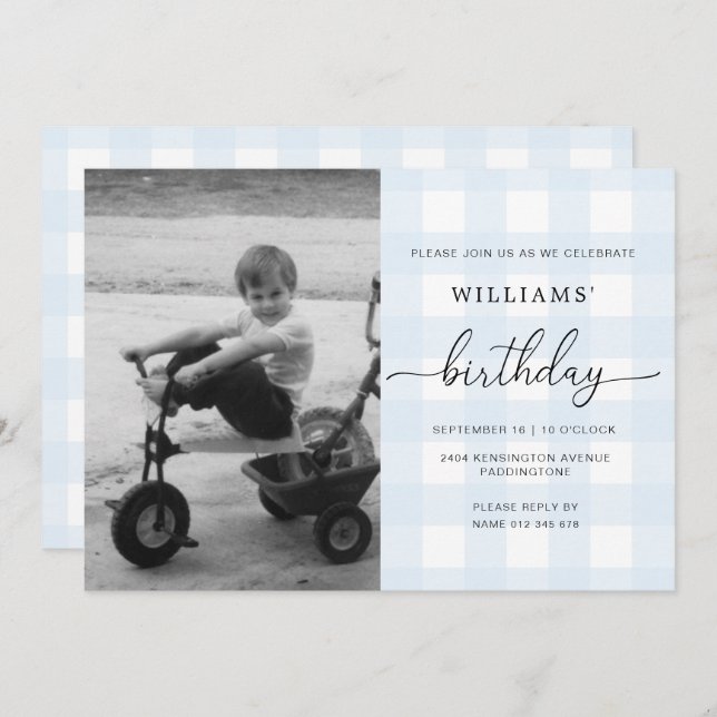 Blue Gingham Photo Birthday Invitation (Front/Back)