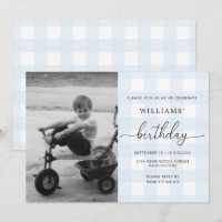 Blue Gingham Photo Birthday Invitation