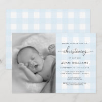 Blue Gingham Photo Christening Invitation