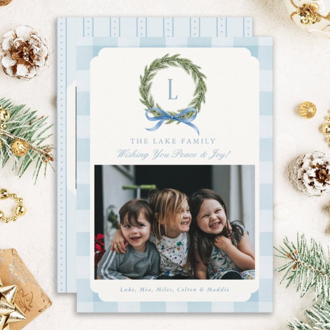 Blue Gingham Photo Christmas Cards Monogram Wreath (Creator Uploaded)