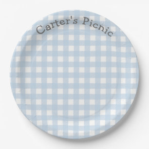 Blue Gingham Picnic Print Baby Birthday Party Paper Plate