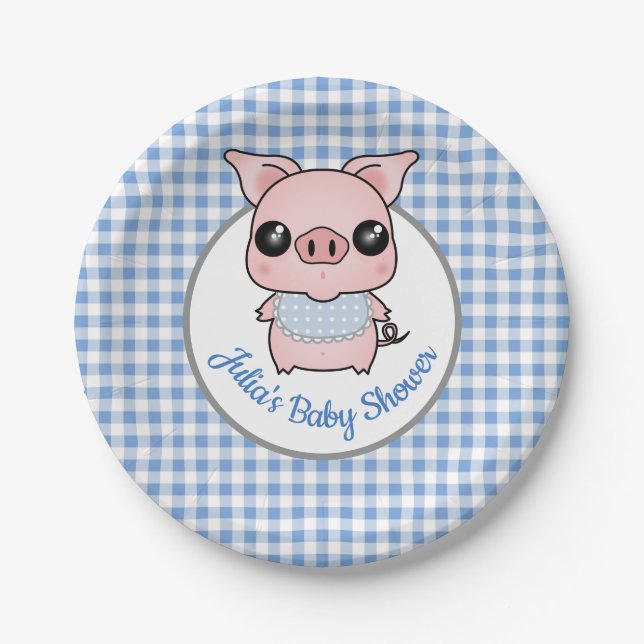 Blue Gingham Piggy Baby Shower Paper Plate (Front)