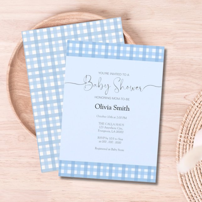 Blue Gingham Plaid Baby Shower Invitation (Blue Gingham Plaid Baby Shower Invitation)