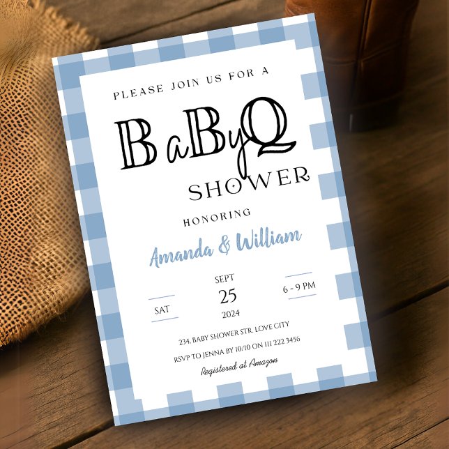 Blue Gingham Plaid  BBQ Baby Couples Shower Invitation (Blue Gingham Plaid BBQ Baby Couples Shower Invitation)
