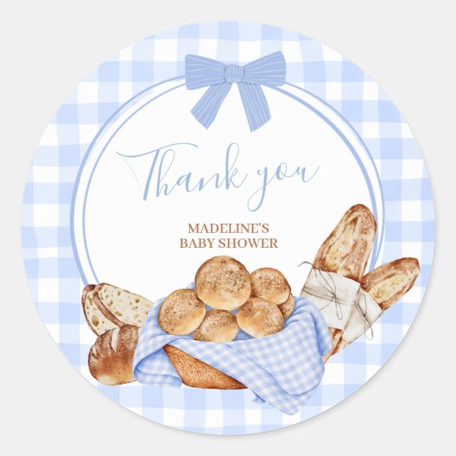 Blue Gingham Plaid Bun in the oven Round Sticker (Front)