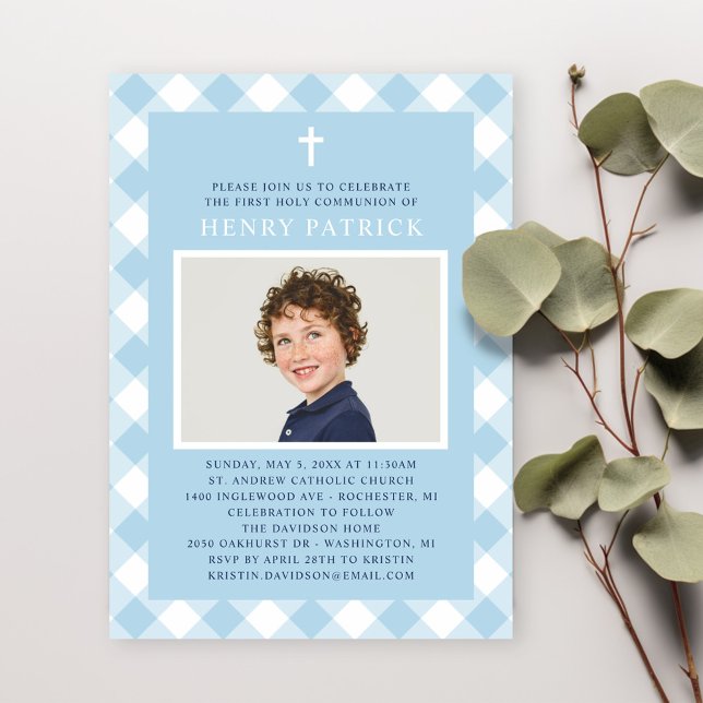 Blue Gingham Plaid First Communion Boy Photo Invitation (Creator Uploaded)