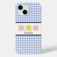 Blue Gingham Plaid Floral Monogram