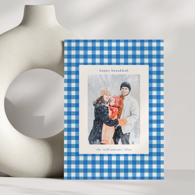 Blue Gingham Plaid Hanukkah Photo Custom Message Holiday Card (Creator Uploaded)