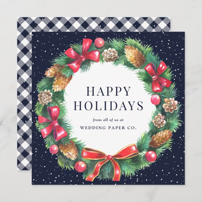 Blue Gingham Plaid Holly Berries Wreath Business Holiday Card (Front/Back)