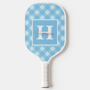 Blue Gingham Plaid Monogram and Name Personalised Pickleball Paddle