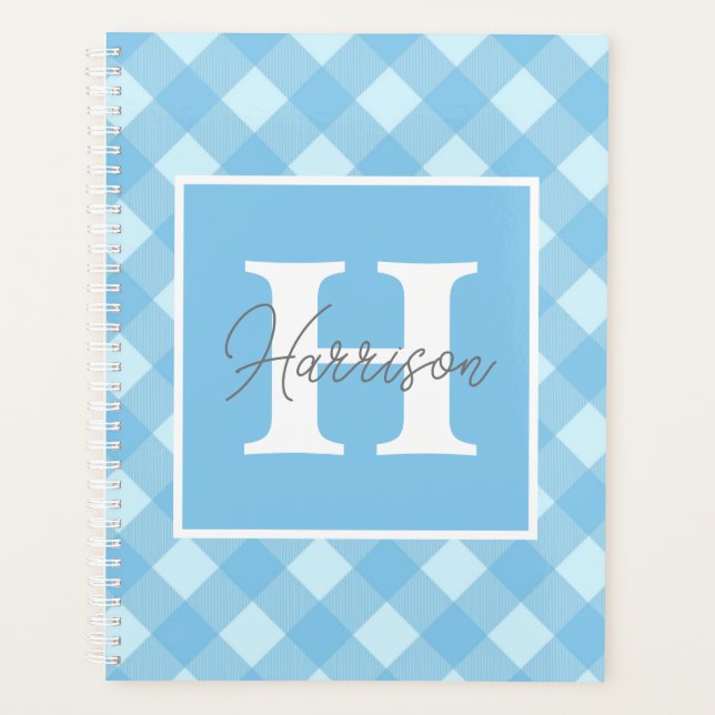 Blue Gingham Plaid Monogram and Name Personalised  Planner (Front)
