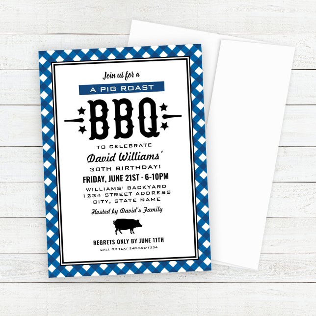 Blue Gingham Plaid Pig Roast BBQ Birthday Party Invitation (Creator Uploaded)