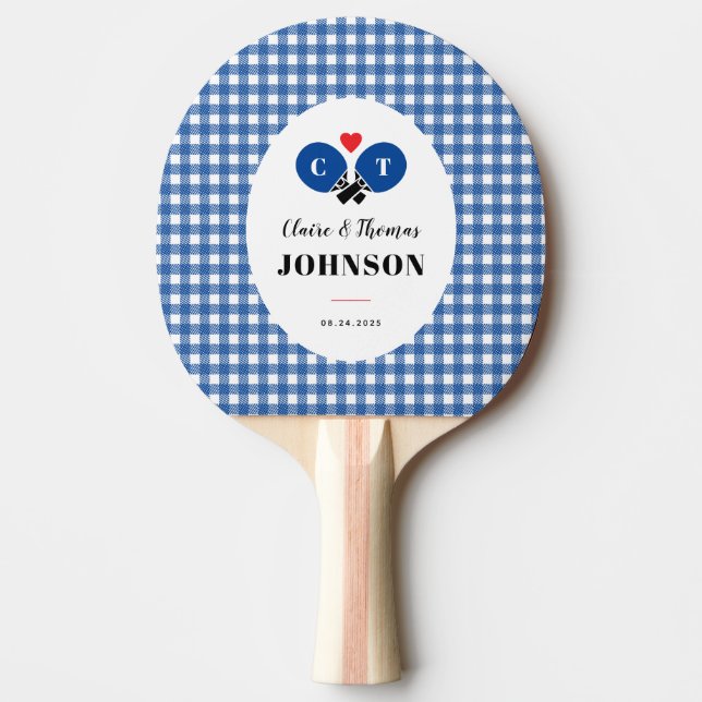 Blue Gingham Plaid Ping Pong Monogram Wedding Ping Pong Paddle (Front)