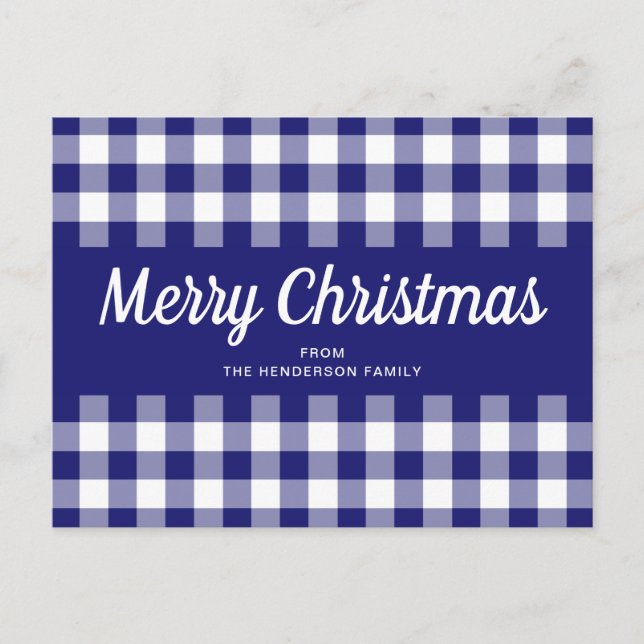 Blue Gingham Plaid Script Merry Christmas Postcard (Front)