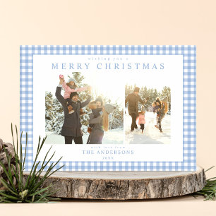 Blue Gingham Plaid Two Photo Holiday Card