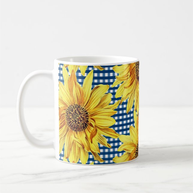 Blue Gingham Plaid with Sunflowers Coffee Mug (Left)