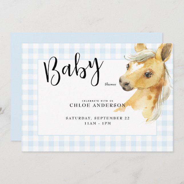 Blue Gingham Pony Baby Shower Invitation (Front/Back)