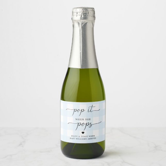 Blue Gingham Pop It When She Pops Favour Wine Labe Sparkling Wine Label (Front)