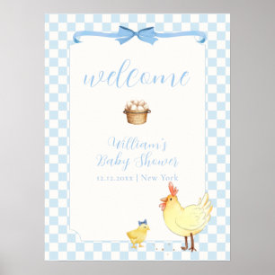 Blue Gingham Preppy Chick Boy Baby Shower Welcome Poster