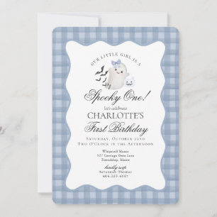 Blue Gingham Preppy Ghost Spooky One 1st Birthday Invitation