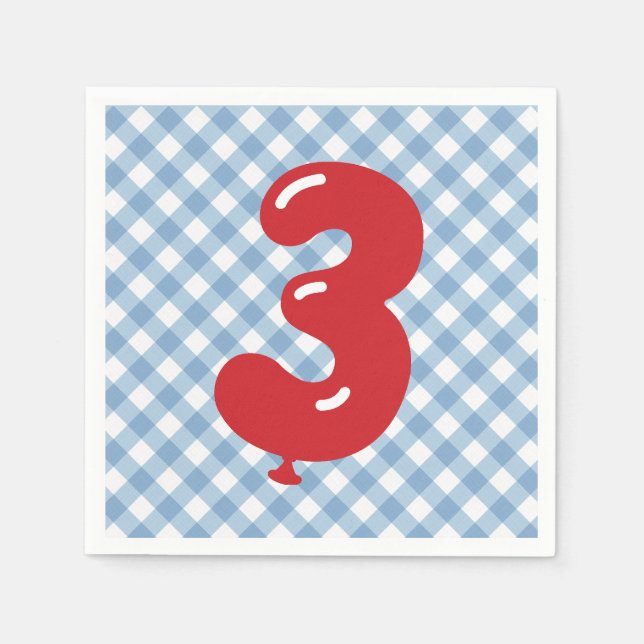 Blue Gingham Red Number 3 Napkin (Front)