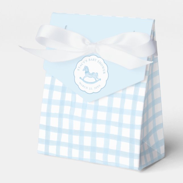 Blue Gingham Rocking Horse Baby Favour Bag Box (Front Side)