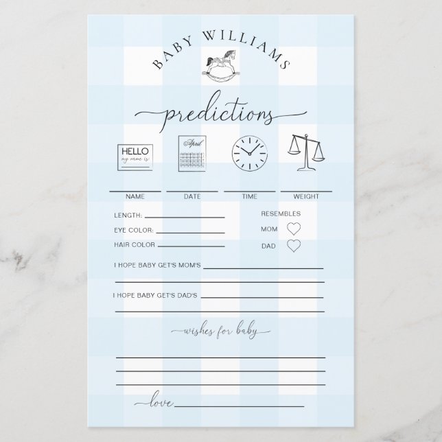 Blue Gingham Rocking Horse Baby Predictions Game (Front)