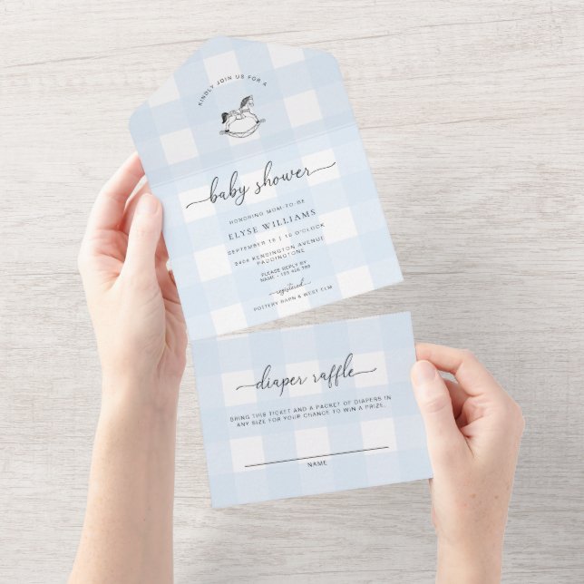 Blue Gingham Rocking Horse Baby Shower All In One Invitation (Tearaway)
