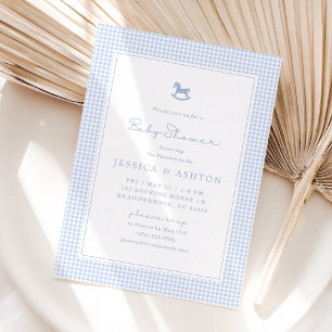 Blue Gingham, Rocking Horse, Baby Shower Invite