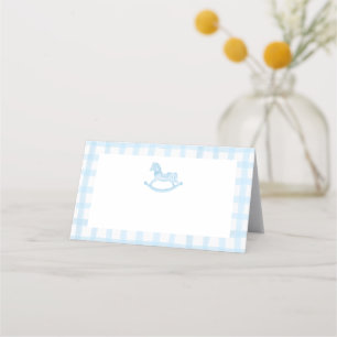 Blue Gingham Rocking Horse Baby Shower Place Card