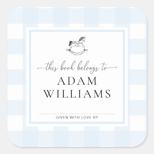 Blue Gingham Rocking Horse Bookplate Sticker (Front)