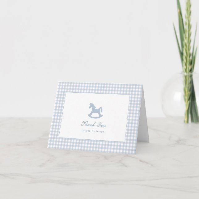Blue Gingham rocking horse Folded Thank You Note Card (Front)