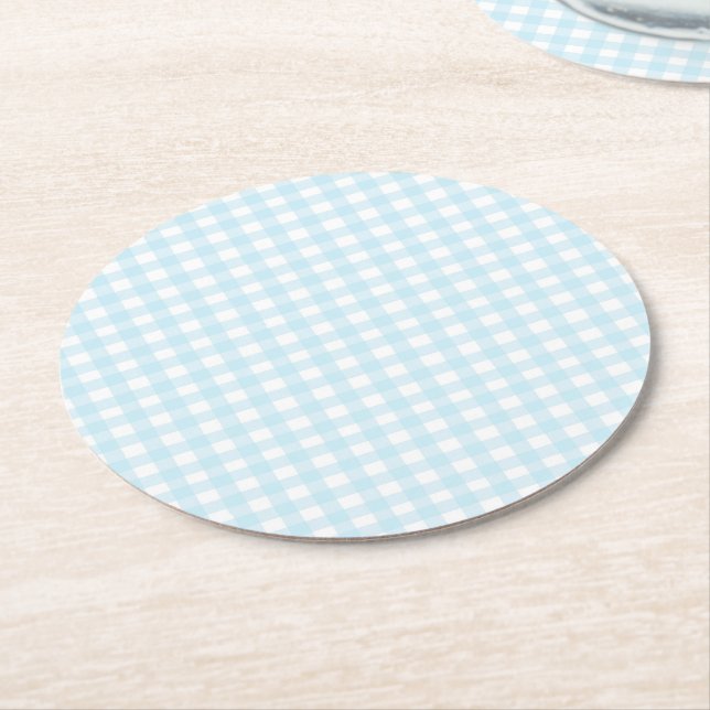 Blue Gingham Round Paper Coaster (Angled)