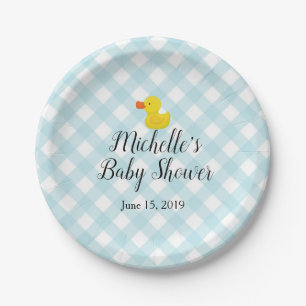 Blue Gingham Rubber Duckie Baby Shower Paper Plate