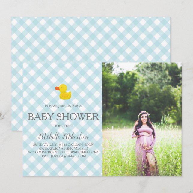 Blue Gingham Rubber Duckie Baby Shower Photo Invitation (Front/Back)