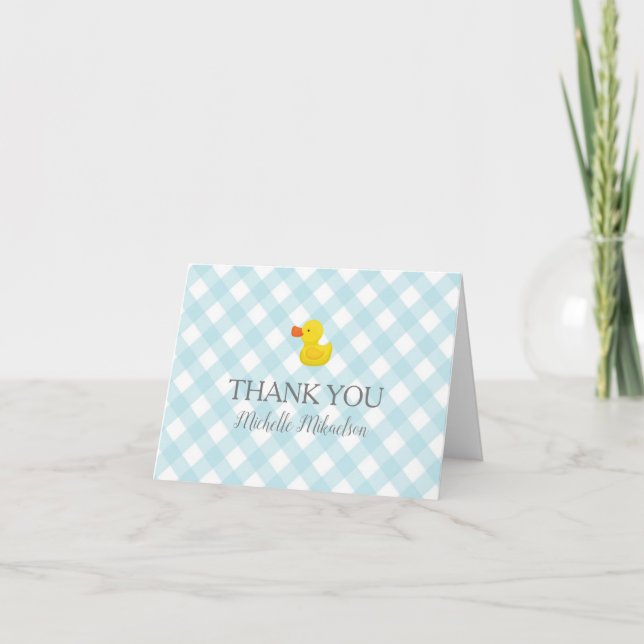 Blue Gingham Rubber Duckie Baby Shower Thank You Card (Front)