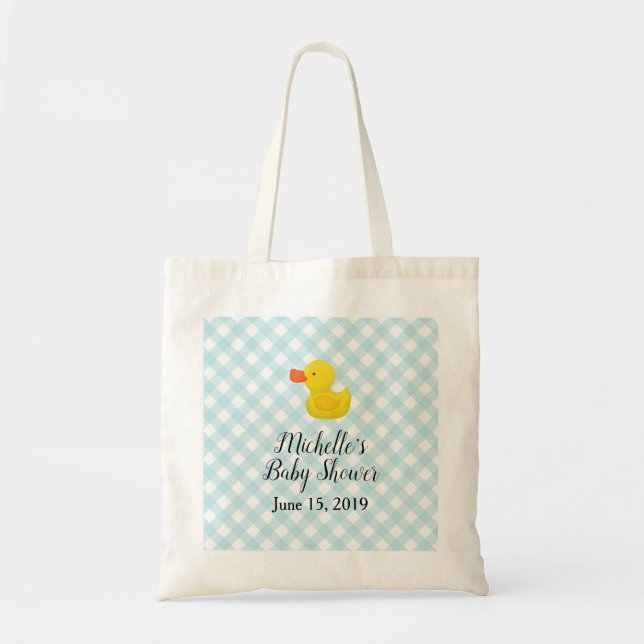Blue Gingham Rubber Duckie Baby Shower Tote Bag (Front)