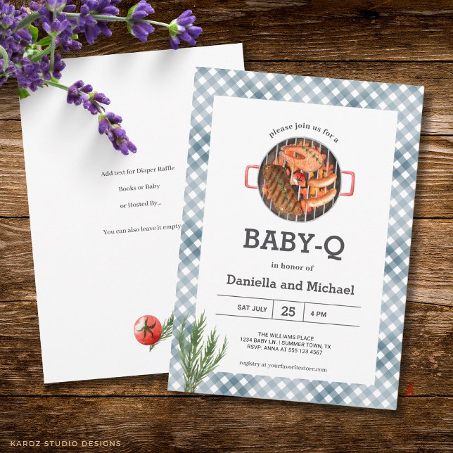 Blue Gingham Rustic Barbecue Baby Shower Invitation (The front and back of the invitation is shown in 5x7-inch. Choose size, paper, and corner style.)