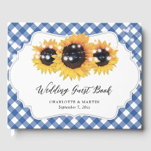 Blue Gingham Rustic Sunflower Floral Wedding Guest Book