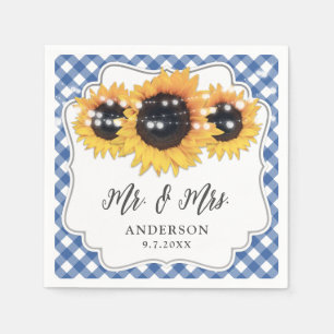 Blue Gingham Rustic Sunflower Floral Wedding Napkin