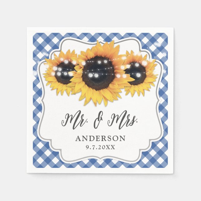 Blue Gingham Rustic Sunflower Floral Wedding Napkin (Front)